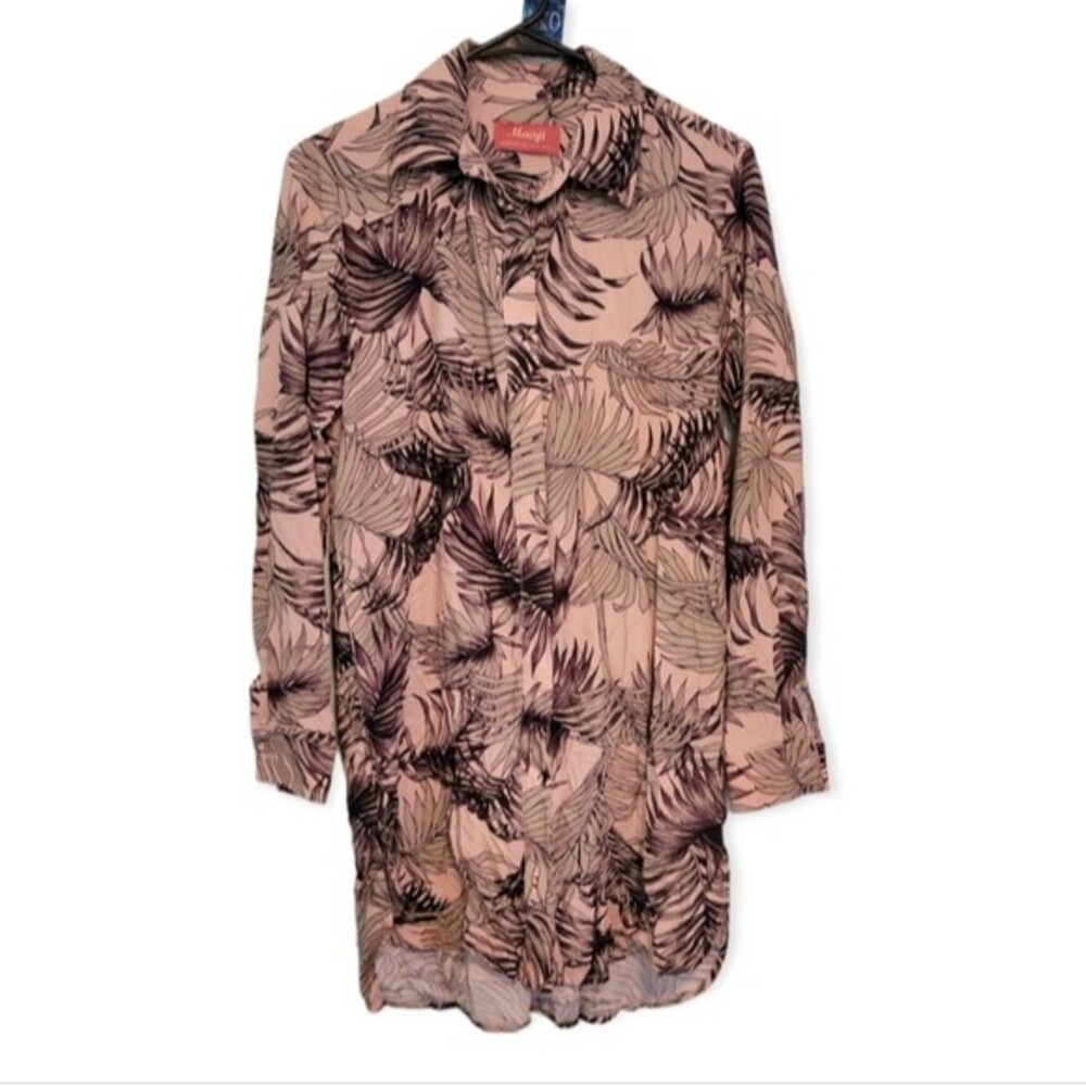 Maaji Pink Palm Leaf Button Down Long Sleeve Tunic Blouse Size Small